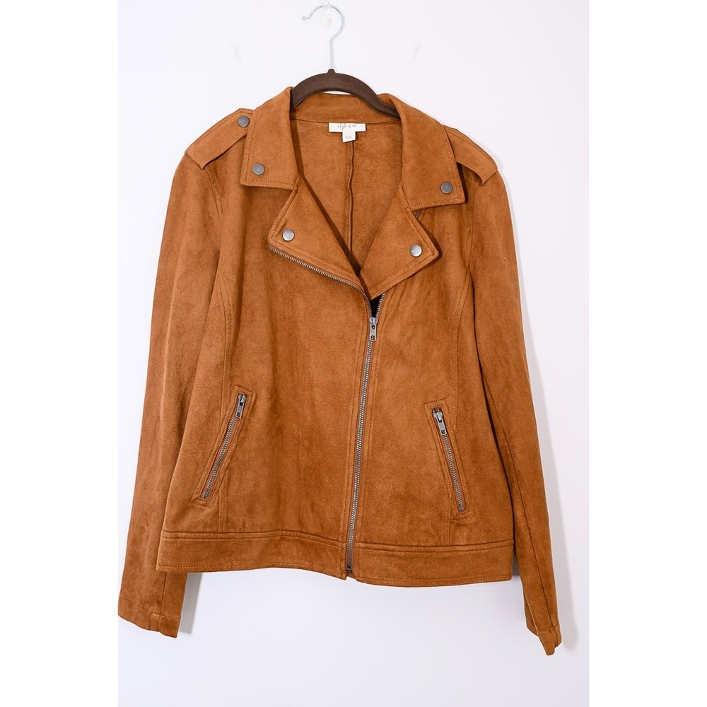 Style & Co Jacket S Brown Faux Suede Moto